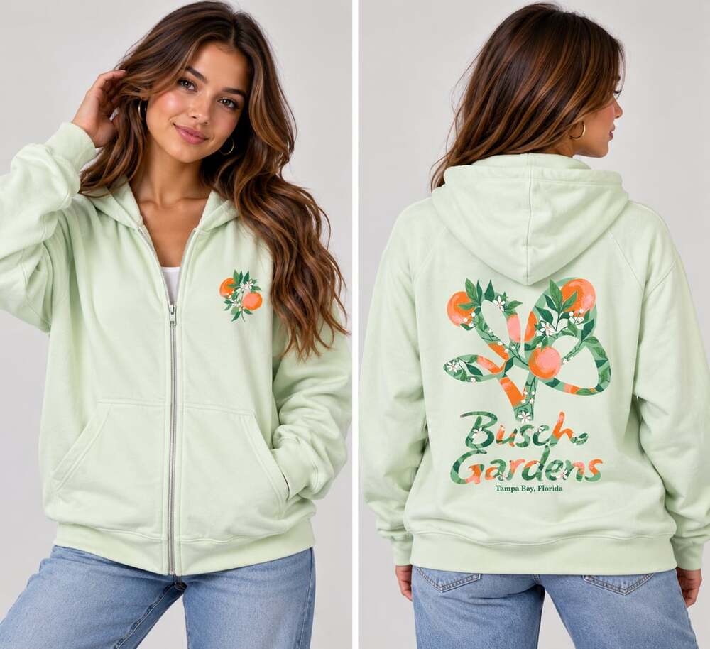Busch Gardens Tampa Bay Orange Blossom Zip Hoodie Size L Mint Green